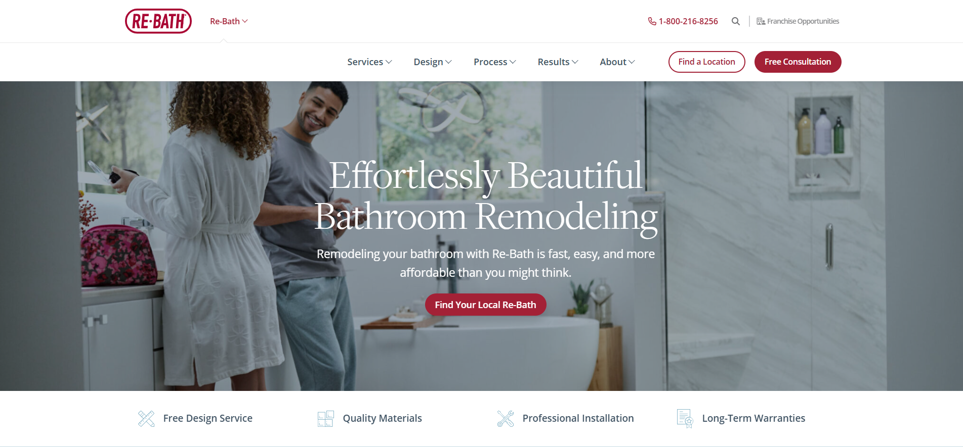A person stands in a modern bathroom with a white and gray color scheme. The text overlay reads, “Effortlessly Beautiful Bathroom Remodeling.” A red button invites you to “Find Your Local Re-Bath”—designed to convert visitors into clients.