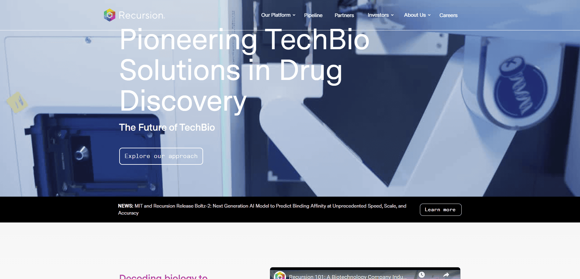 Screenshot of Recursion’s homepage featuring the tagline “Pioneering TechBio Solutions in Drug Discovery” over a blurred lab background, with navigation links at the top—a standout example of modern biotech website design—and a button labeled “Explore our approach.”.