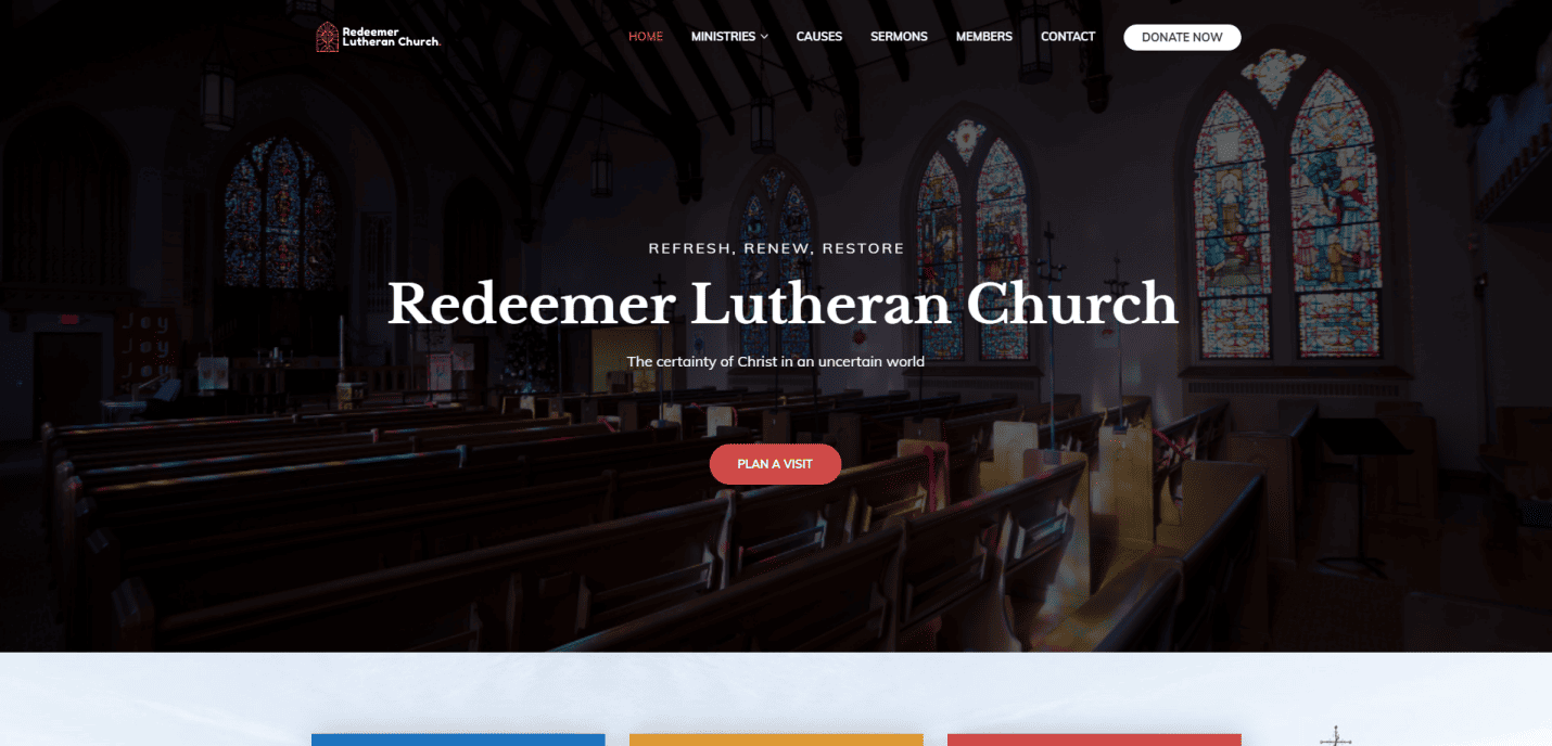 Interior of a church sanctuary with stained glass windows, empty pews, and a large banner reading “Redeemer Lutheran Church.” The homepage features user-friendly menu options and buttons for planning a visit and donating—a modern church website design.