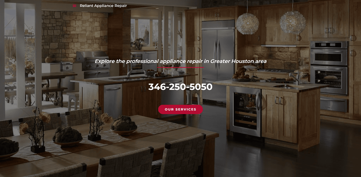 A modern kitchen with wooden cabinets, stainless steel appliances, and a center island. Text overlay promotes professional appliance repair services in Greater Houston, displaying a phone number and a button labeled Our Services.