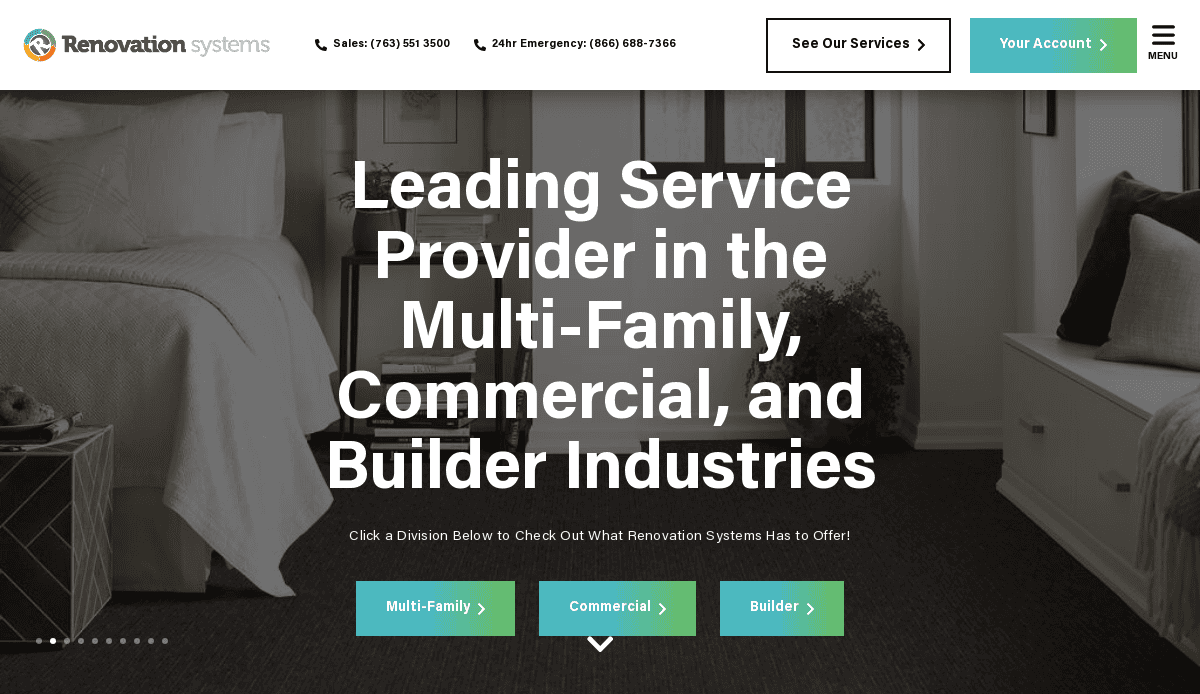 A website homepage for Renovation Systems featuring bold text: Leading Service Provider in the Multi-Family, Commercial, and Builder Industries, with buttons for service options on a modern interior flooring background and sleek website design.