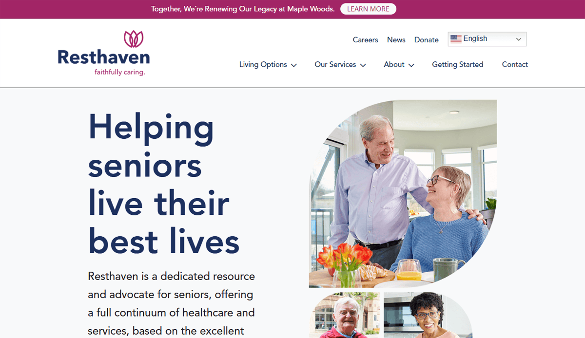 Screenshot of Resthaven’s Assisted Living Website homepage, featuring the headline “Helping seniors live their best lives” beside a photo of smiling seniors and a caregiver in a kitchen, with navigation options and a menu bar at the top.