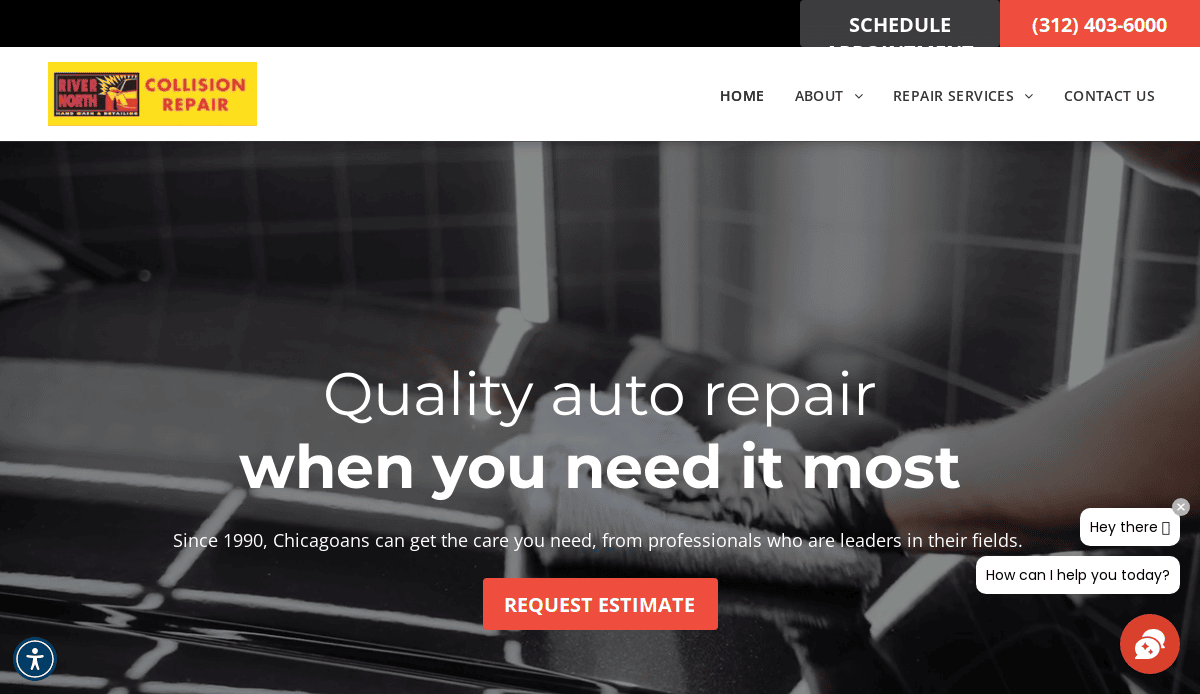 A website homepage for River North Collision Repair featuring a gloved hand polishing a black car. Perfect for any auto repair business, this car mechanic website design boosts online presence with “Quality auto repair when you need it most” and a red Request Estimate button.