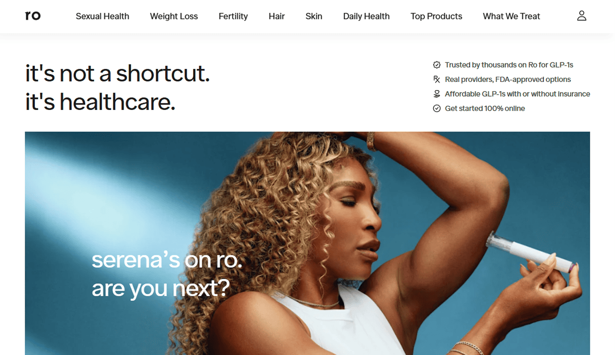 A woman with curly blond hair injects medication into her arm, with text reading it’s not a shortcut. it’s healthcare. serena’s on ro. are you next? Navigation links above offer health & wellness website resources for every topic.