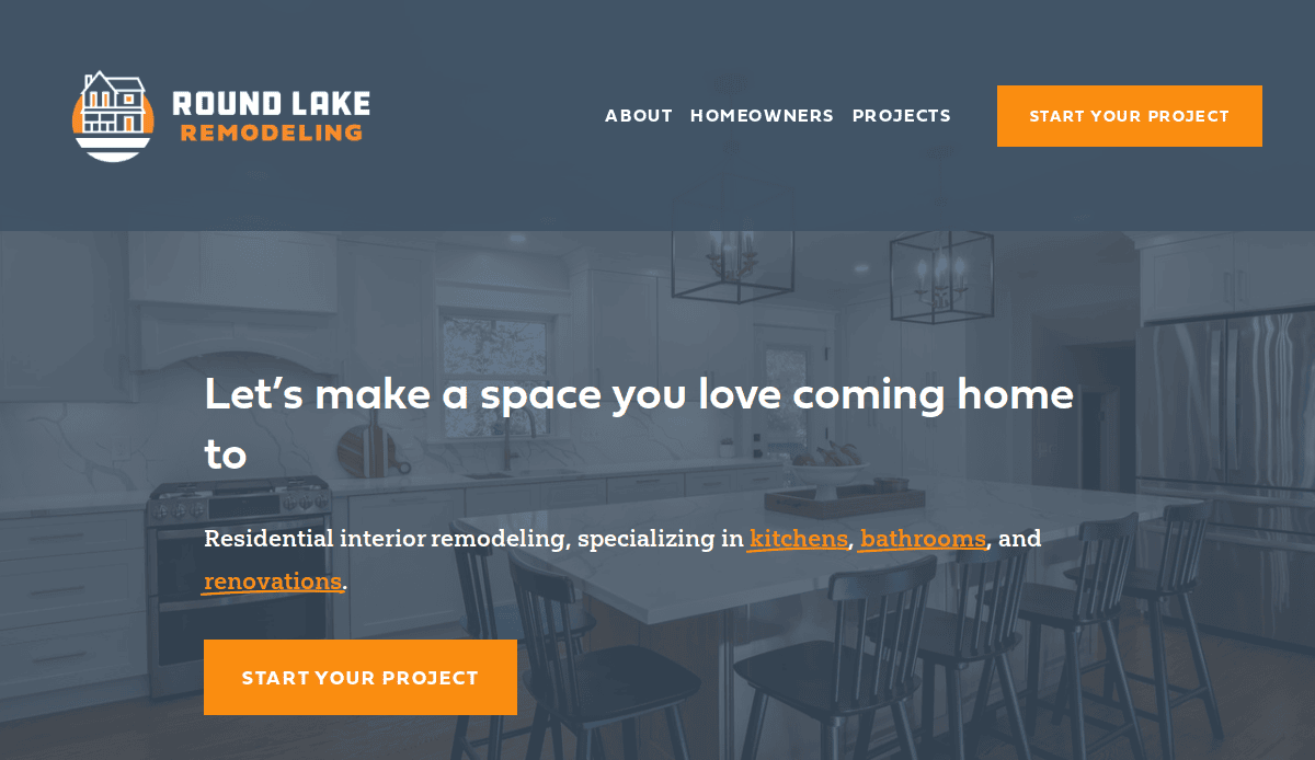 Screenshot of Round Lake Remodeling website homepage, featuring a modern kitchen with white cabinets, pendant lights, and bar stools—showcasing expert bathroom remodeling and a website design crafted to convert visitors.