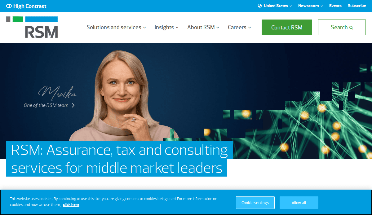 RSMs high-impact Accountant website homepage features a woman smiling, text reading RSM: Assurance, tax and consulting services for middle market leaders, and navigation menus at the top for solutions, insights, about, and careers.