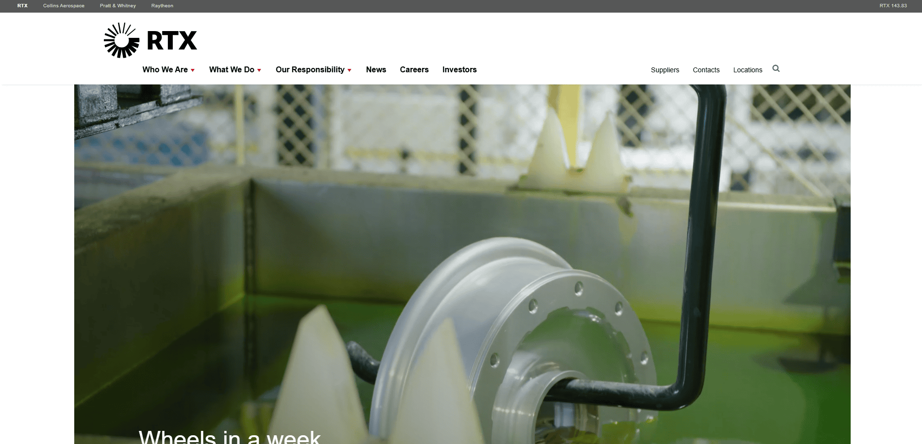 A metal wheel part is being processed in an industrial machine with yellowish-green liquid, illustrating future-proofing manufacturing techniques under the RTX company’s aviation website design banner.