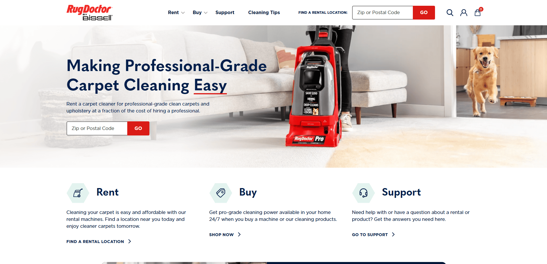 A Rug Doctor Bissell carpet cleaner on a beige carpet, with a sofa and a dog in the background. The carpet cleaning website offers options to rent, buy, or get support for carpet cleaning equipment.