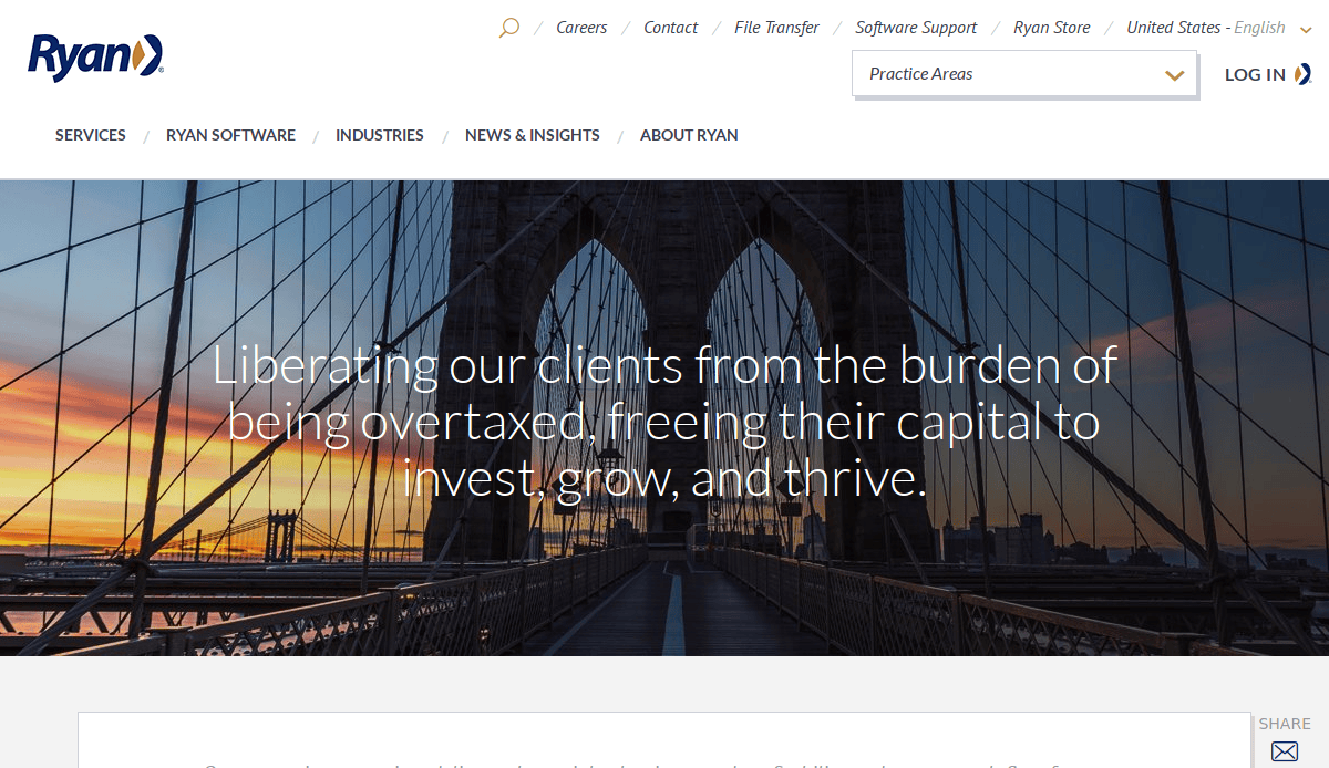 The Ryan accounting firm website homepage features a photo of the Brooklyn Bridge at sunset with the text: Liberating our clients from the burden of being overtaxed, freeing their capital to invest, grow, and thrive.