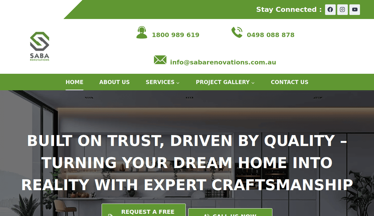Screenshot of a home renovation company’s website header featuring contact info, logo, navigation menu, and the slogan: Built on trust, driven by quality—turning your dream home into reality with expert craftsmanship and website design that converts visitors.
