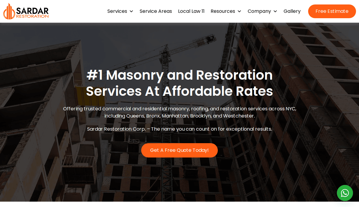 Screenshot of Sardar Restoration homepage featuring modern masonry website design, construction buildings, a crane, and text promoting masonry and restoration services in NYC—with an orange “Get a Free Quote Today!” button prominently in the center.