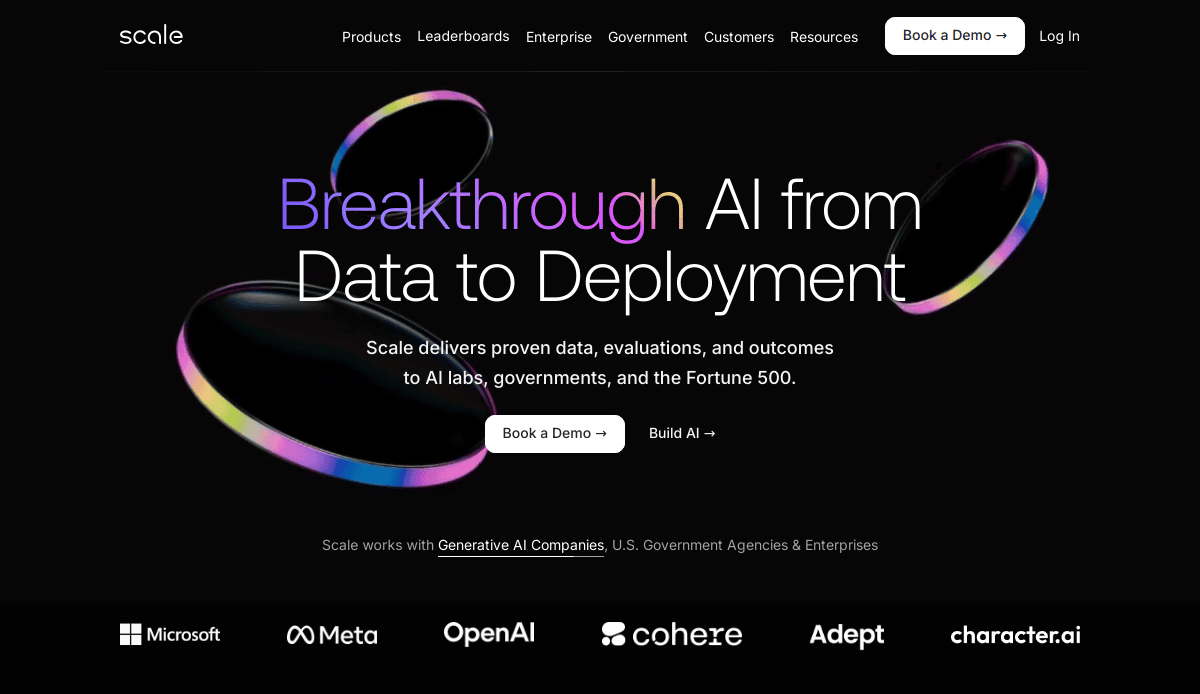 Homepage of Scale AI showcasing modern AI website design with the headline Breakthrough AI from Data to Deployment, colorful abstract ribbons, intuitive website structure, navigation links, CTAs, and partner logos like Microsoft and OpenAI at the bottom.