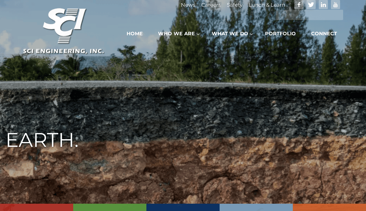 A cross-section of soil and rock layers is shown beneath a road surface, with trees and blue sky in the background—an ideal visual for a civil engineering web design. The SCI Engineering, Inc. logo and website menu are visible at the top.