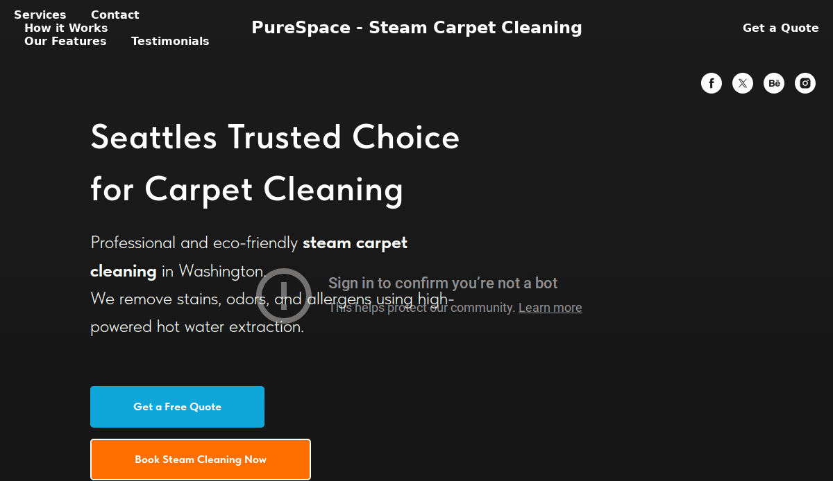 Screenshot of a website design for PureSpace Steam Carpet Cleaning, featuring navigation links, a headline stating Seattle’s Trusted Choice for Carpet Cleaning, and two buttons—Get a Free Quote and Book Steam Cleaning Now. Attracts and converts visitors.