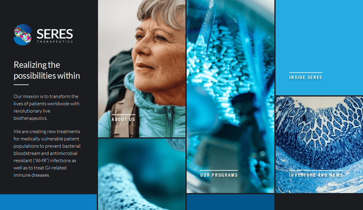 A collage featuring a close-up of an older woman, blue-tinted microscopic imagery, and text about Seres Therapeutics’ mission to transform lives with biotherapeutics—ideal inspiration for biotech website design—with sections for About Us, Our Programs, and Investors and News.