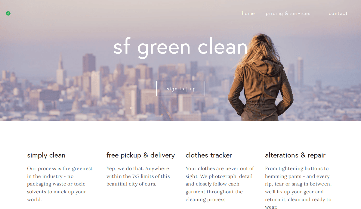A woman in a brown jacket overlooks the San Francisco skyline at sunrise. Text reads sf green clean, describing eco-friendly laundry and carpet cleaning services—including pickup, delivery, repairs, a clothes tracker, and a website design that attracts and converts.