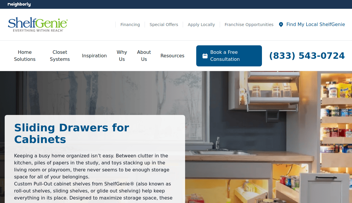 A website page for ShelfGenie showcases expert cabinet makers, featuring a kitchen with sliding drawers and shelves. The site highlights sliding drawers for cabinets, a blue Book a Free Consultation button, and the phone number (833) 543-0724.