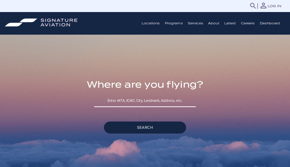 Screenshot of the Signature Aviation website homepage, featuring a modern aviation website design with a search bar asking “Where are you flying?” over clouds and a gradient sky at sunrise or sunset. The navigation menu sits prominently at the top.