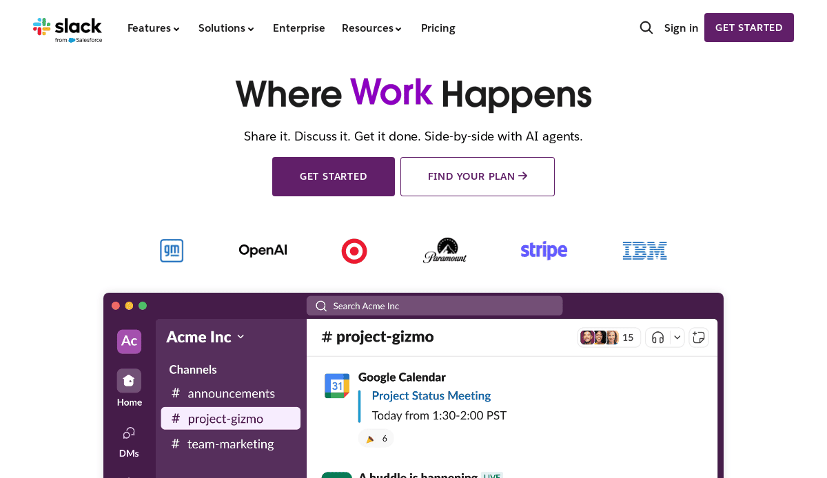 Screenshot of Slack’s homepage—a B2B website design featuring the slogan “Where Work Happens” with partner logos like OpenAI, Anthropic, and Stripe. Below, a digital brochure-style preview shows workspace channels and a project update.