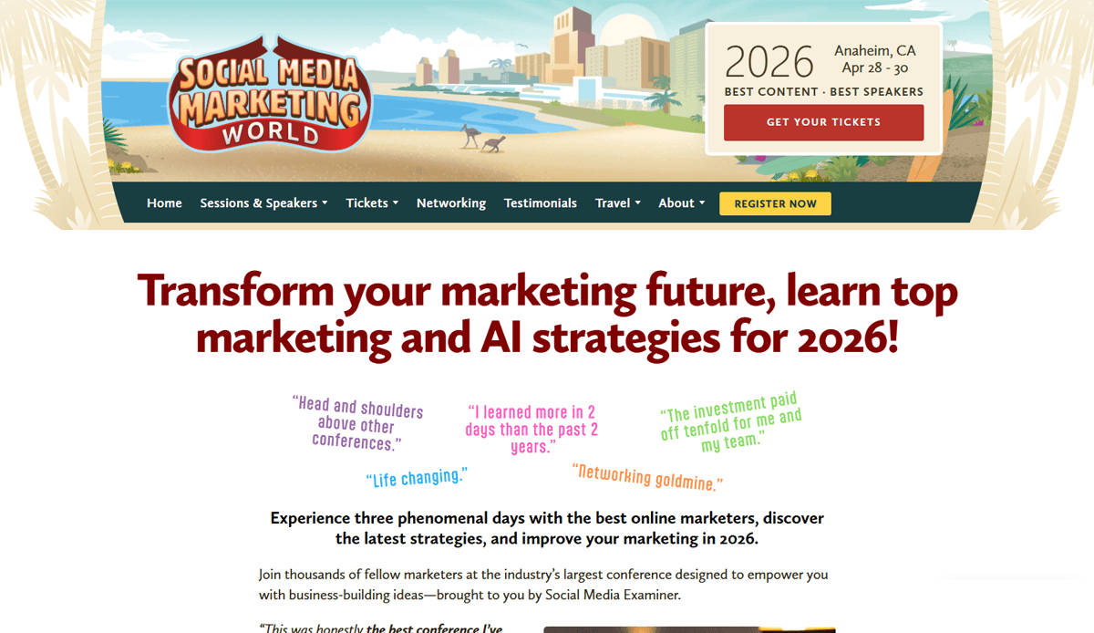 Screenshot of the Social Media Marketing World 2026 conference website design, featuring event dates, location, and a headline promoting marketing and AI strategies for 2026, with colorful quotes and a prominent register button.