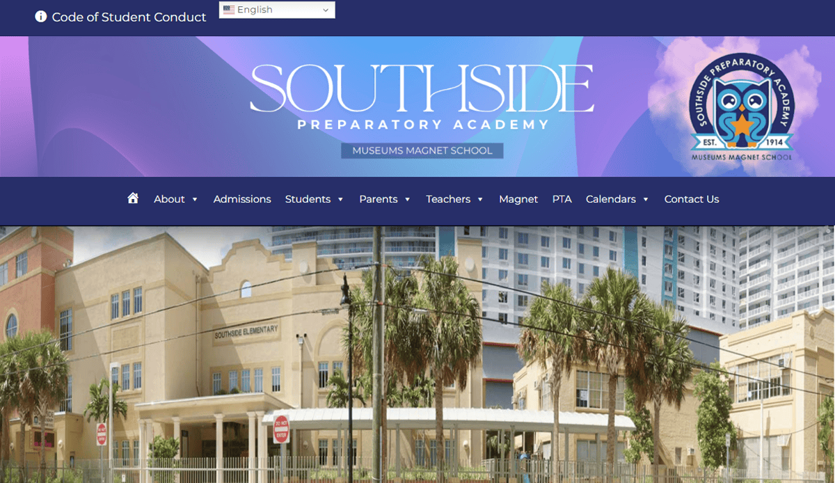 Screenshot of the Southside Preparatory Academy school website design, featuring the school’s name, owl mascot logo, navigation menu, and a photo of the building with palm trees in front.