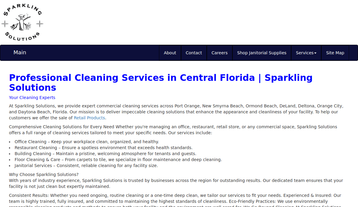 Screenshot of the Sparkling Solutions cleaning service website, showcasing professional cleaning services in Central Florida, detailed service sections, benefits, and eco-friendly methods for commercial and residential clients.