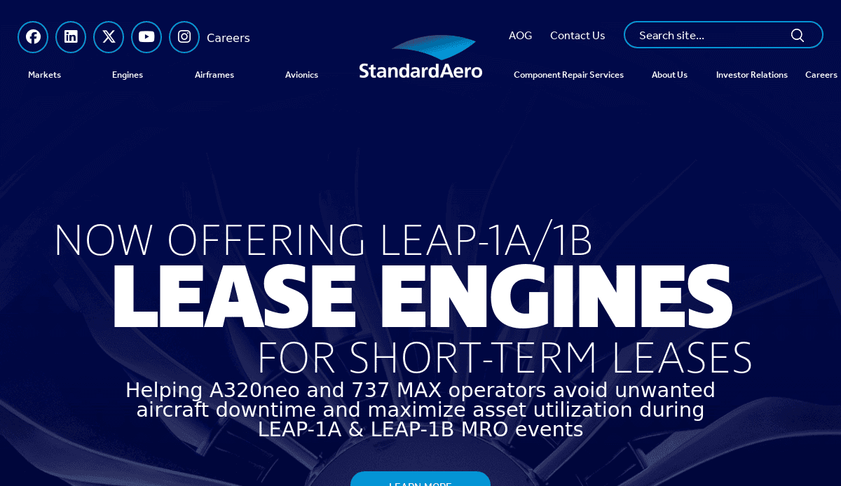 StandardAero website screenshot featuring a digital hangar banner that announces LEAP-1A/1B lease engines for A320neo and 737 MAX operators, supporting future-proofing and minimizing downtime during MRO events.