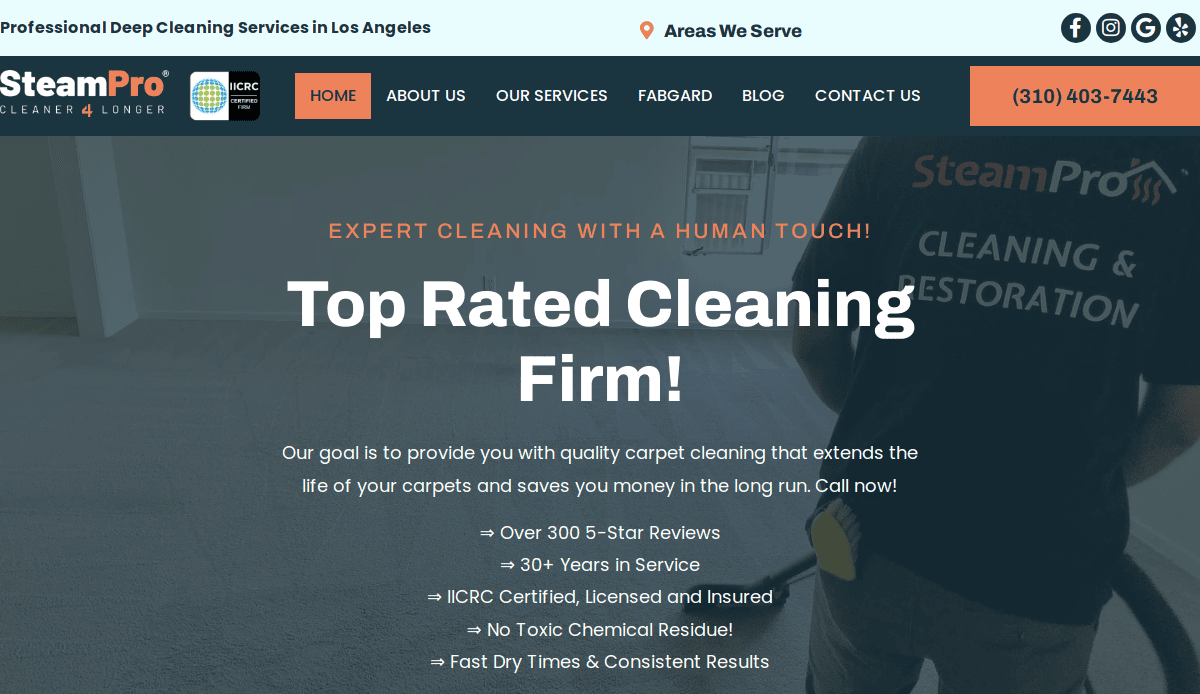 Screenshot of SteamPro’s carpet cleaning site homepage featuring a header with contact info, logo, and menu. The main section showcases a Top Rated Cleaning Firm! and lists benefits like 5-star reviews, certified staff, and fast results.