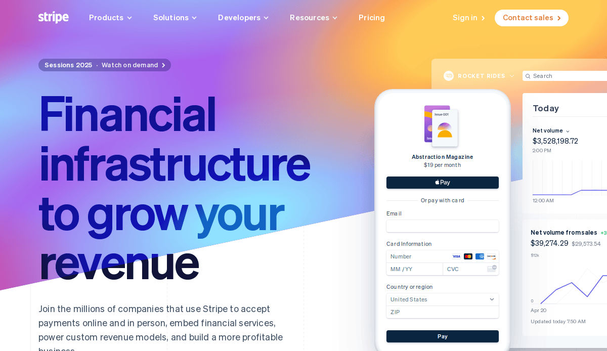Stripe’s homepage showcases bold text—“Financial infrastructure to grow your revenue”—alongside a payment form on a phone illustration, colorful gradients, navigation menus, and financial charts, creating an inspiring B2B website design.