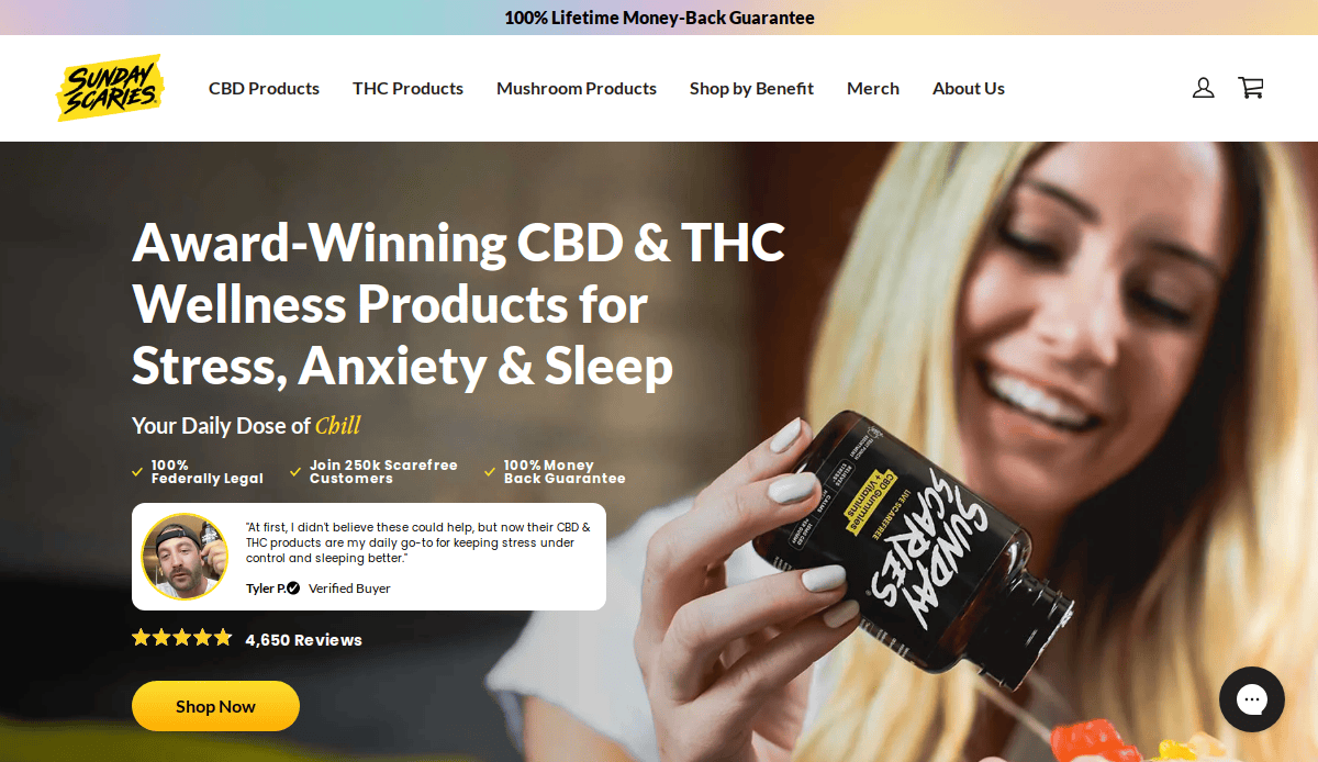 A smiling woman with long blonde hair pours gummies from a black Sunday Scaries bottle. This CBD online store promotes award-winning wellness products for stress, anxiety, and sleep, featuring top customer ratings and a money-back guarantee.