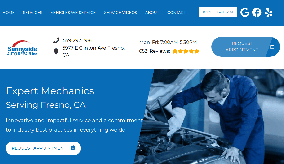 A website screenshot for Sunnyside Auto Repair Inc. showcases modern car mechanic website design, featuring a mechanic at work, business contact info, hours, reviews, and easy-access buttons to request an appointment or join the auto repair business team.