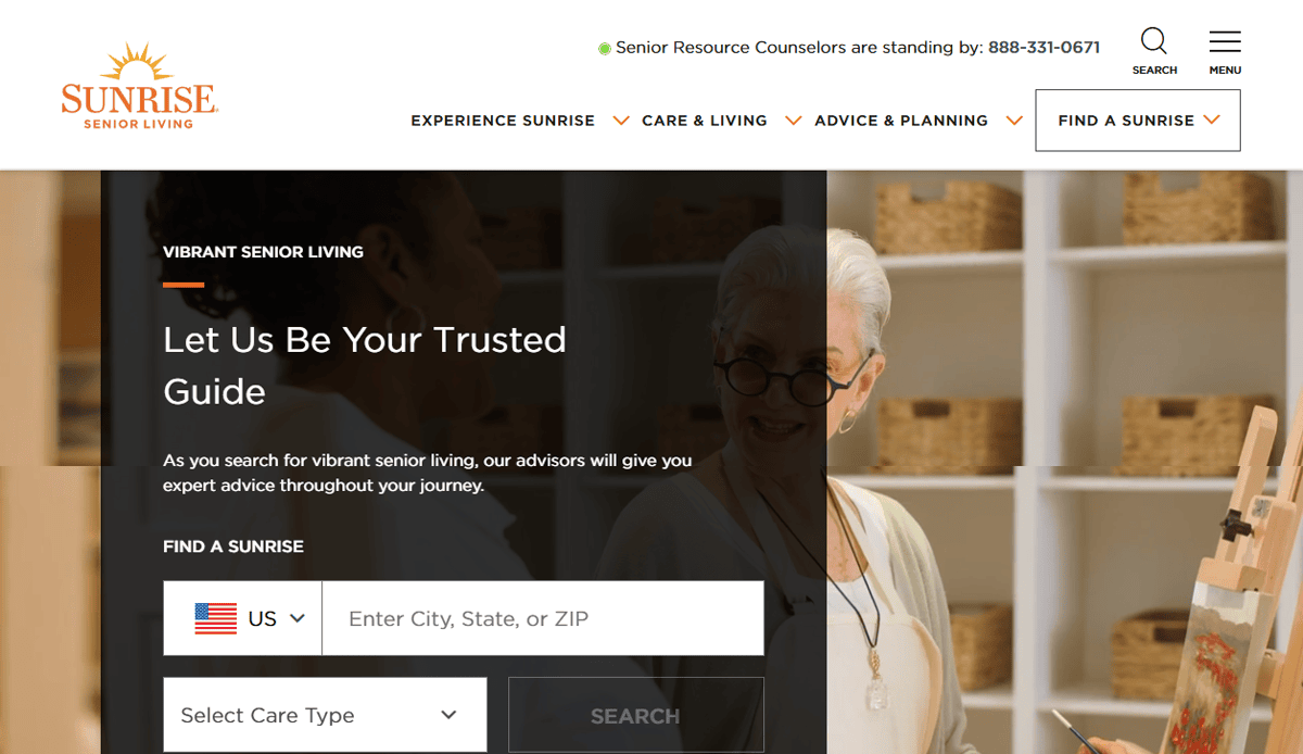 Screenshot of the Sunrise Senior Living Assisted Living Website showing a navigation bar, a search form for finding senior living, and a smiling elderly woman painting in a well-lit room with art supplies in the background.