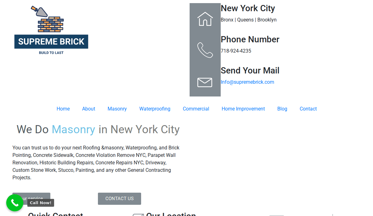 Screenshot of Supreme Brick’s homepage displaying their logo, contact details, and navigation for services like masonry, waterproofing, and commercial projects—showcasing a masonry website design that converts visitors into clients.