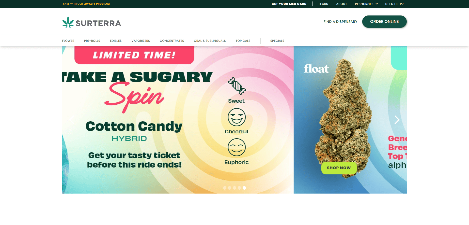 Website banner for Surterra promoting “Cotton Candy Hybrid” with the tagline “Take a Sugary Spin.” A cannabis bud and Shop Now float to the right on this high-performing site, highlighting cheerful, sweet, and euphoric effects.