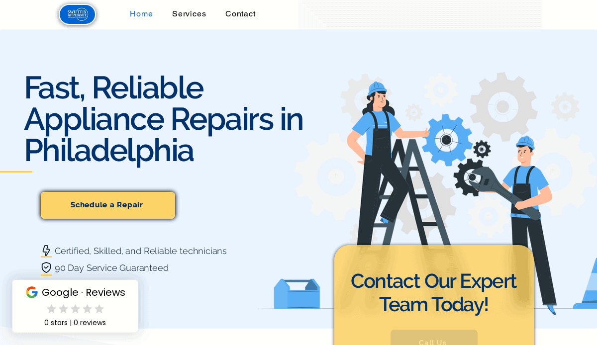 A professional website homepage for appliance repair in Philadelphia. Two illustrated workers, gears, and a ladder appear beside bold text promoting fast, reliable service. Buttons offer repair scheduling and contacting the expert team.
