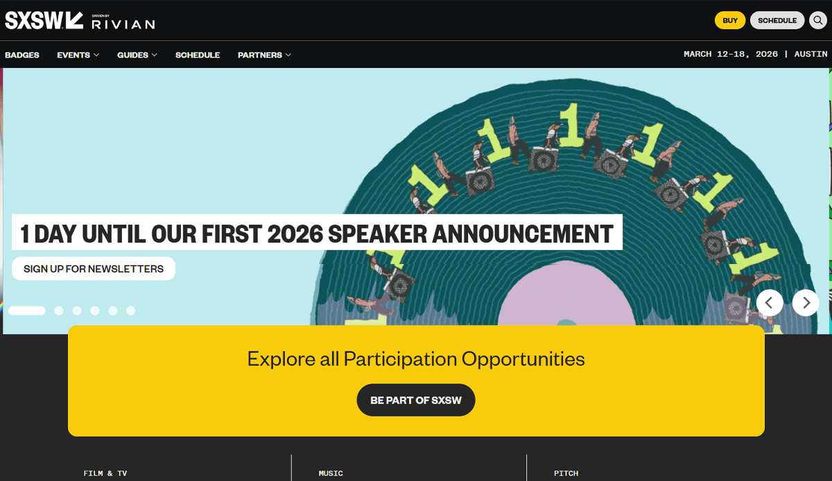 SXSW 2026 conference website homepage featuring a banner that reads “1 DAY UNTIL OUR FIRST 2026 SPEAKER ANNOUNCEMENT” over an illustration of people sitting on records, with menus and a yellow button to explore participation opportunities.