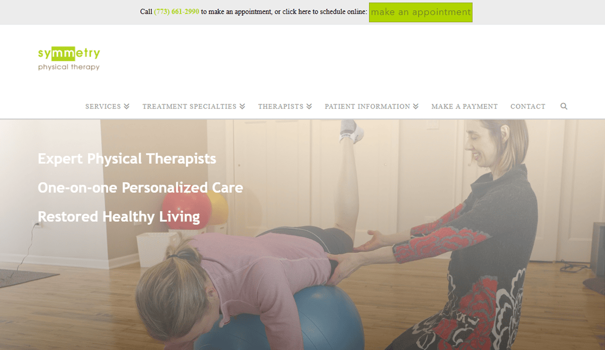 A woman assists another woman performing an exercise on a stability ball in a physical therapy clinic, reflecting commitment to client care. The website header supports health & wellness website goals with contact info and a prominent make an appointment button.