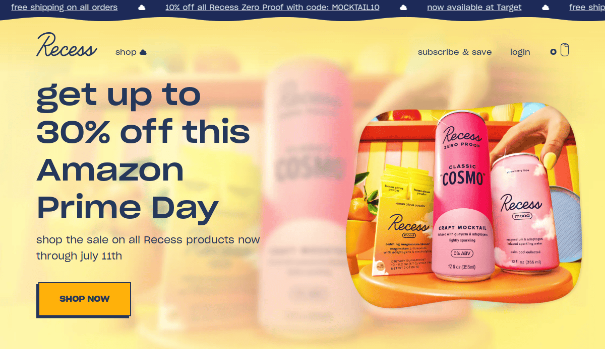 A colorful ad for Recess drinks, a leading CBD business, offers up to 30% off for Amazon Prime Day. Various Recess beverage cans and a Shop Now button are featured. The offer runs through July 11th.
