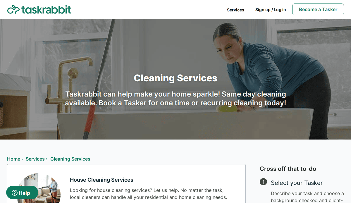 A woman in a blue shirt cleans a kitchen counter with a yellow sponge. The cleaning service website headline promotes same-day cleaning and easy booking for one-time or recurring services.