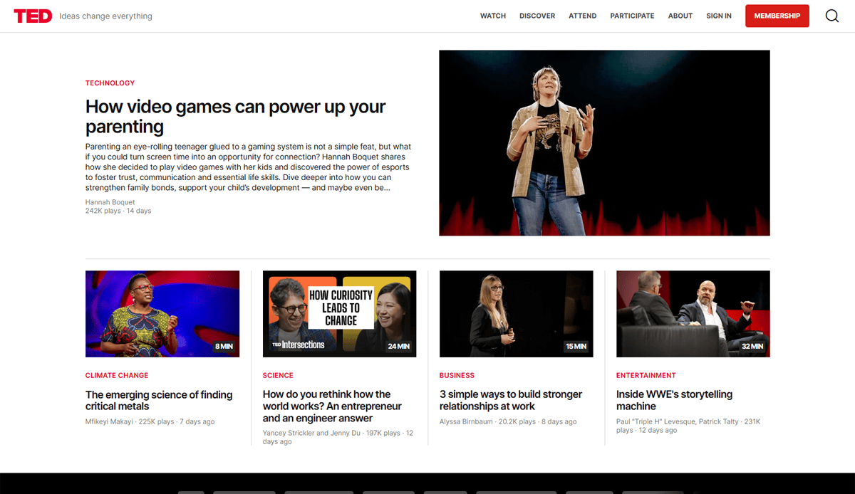 Screenshot of the TED conference website design homepage featuring a highlighted talk titled How video games can power up your parenting, with a presenter on stage. Below are thumbnails of other TED talks in categories like science and business.
