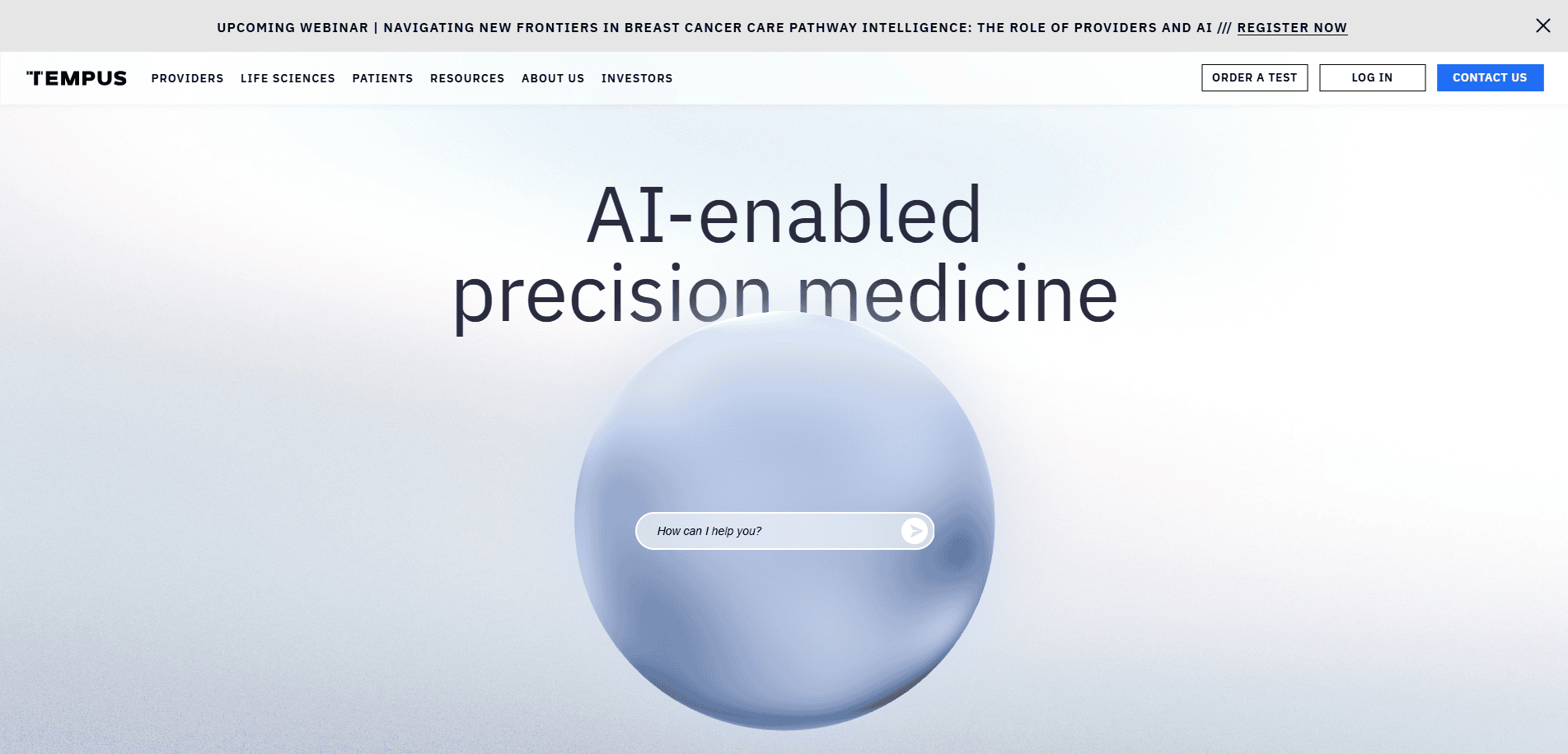 A biotech website design featuring AI-enabled precision medicine in bold text, a sphere with a search bar asking How can I help you?, and navigation links for providers, life sciences, patients, resources, and more—ideal for biotech companies.