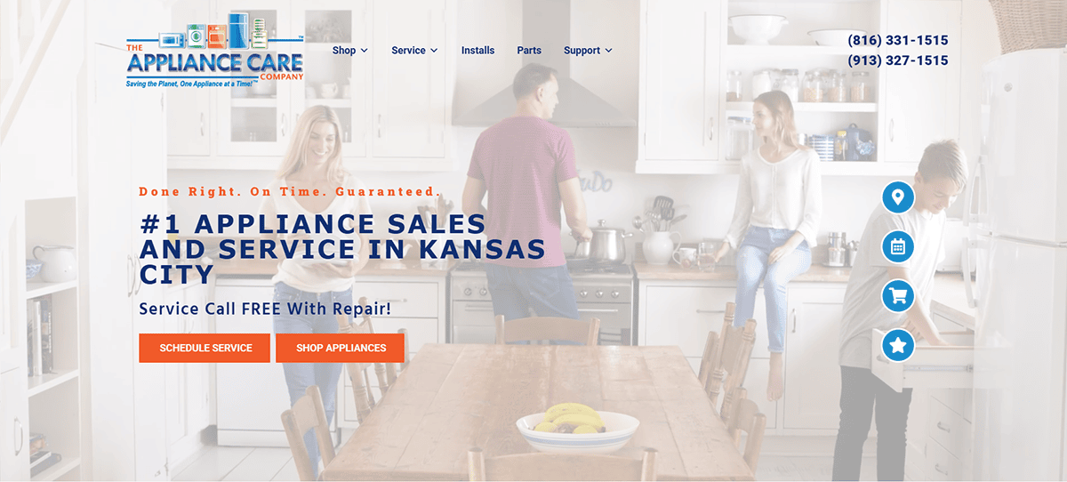 A bright kitchen with three people interacting, overlaid with text promoting The Appliance Care Company’s professional appliance repair and sales in Kansas City, plus contact numbers, service scheduling options, and a link to their website design for easy booking.