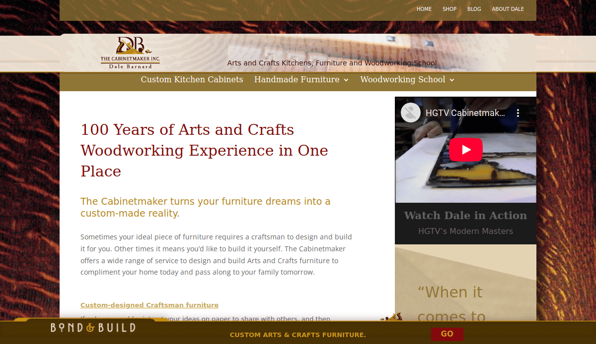 Screenshot of The Cabinetmaker Inc. website featuring a sleek website design, banner, navigation menu, headline highlighting 100 years of cabinet makers’ expertise, custom cabinetry details, and a video thumbnail titled HGTV Cabinetmaker with a play button.