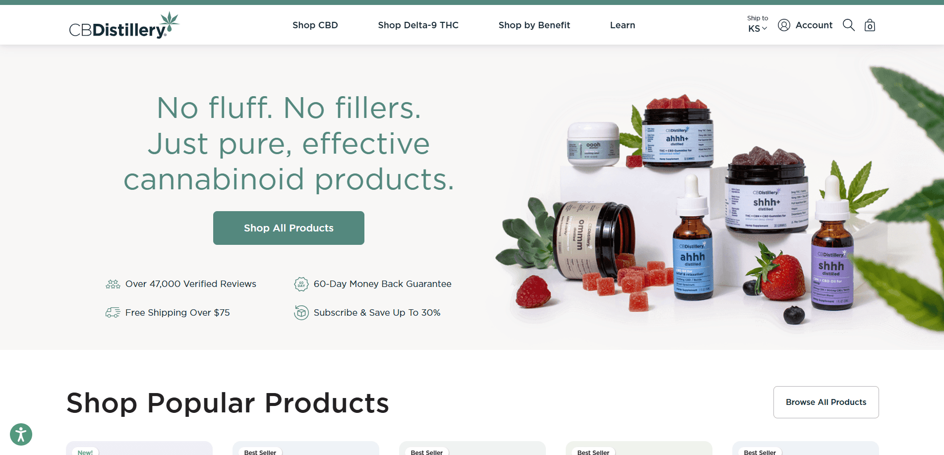 Screenshot of the CBDistillery CBD online store homepage, featuring a slogan about pure cannabinoid products, product images like tinctures and gummies, and a modern CBD website design with options to shop CBD, Delta-9 THC, and more.
