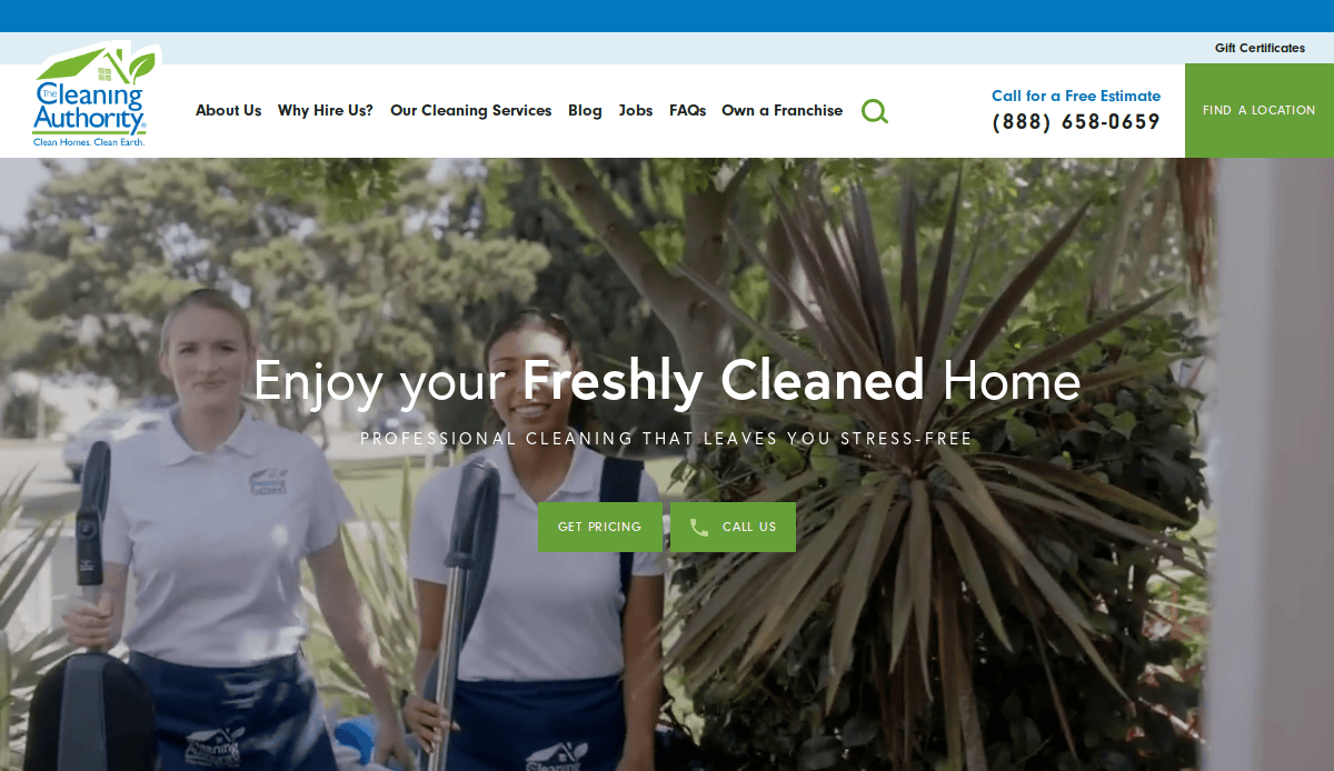 Two women in Cleaning Authority uniforms stand outdoors with cleaning supplies, beside lush plants. The cleaning service website header features navigation, company logo, phone number, and options for pricing or contact. Text reads: “Enjoy your Freshly Cleaned Home.”.