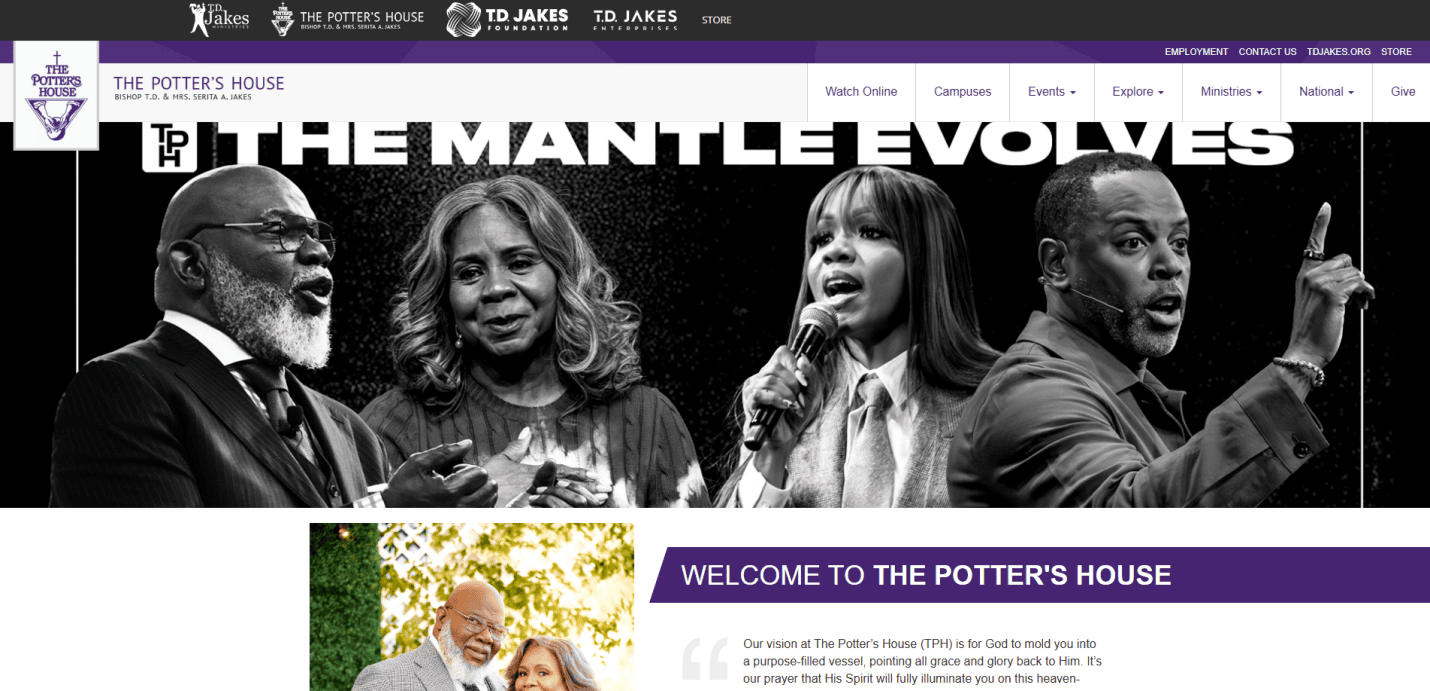 Banner featuring four speakers passionately addressing an audience, with text The Mantle Evolves. Below is a welcome message and a photo of a smiling couple outdoors—an inviting homepage for The Potters House church website design.