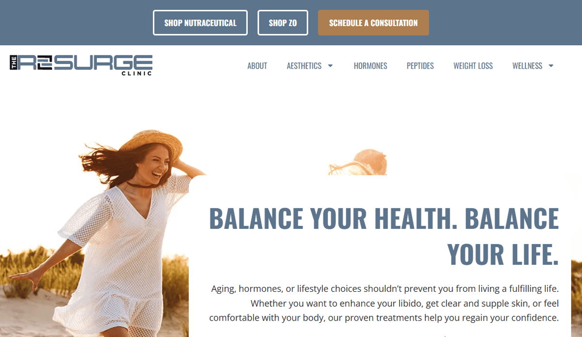 A woman in a white dress and sunhat smiles and runs on a beach. The Resurge Clinic health and wellness website header and buttons are visible above text about health balance and treatment offerings.