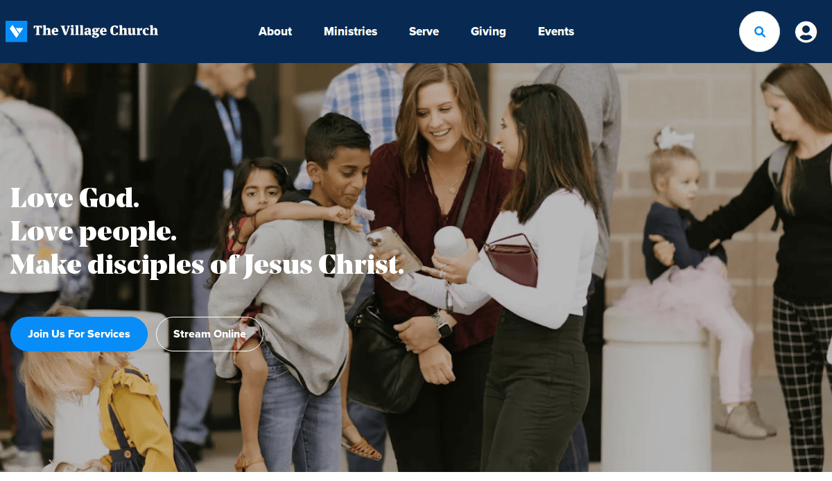 A group of smiling adults and children interact in a church lobby. Text overlay reads: Love God. Love people. Make disciples of Jesus Christ. Explore our church website design—join for services or stream online with this powerful ministry tool.