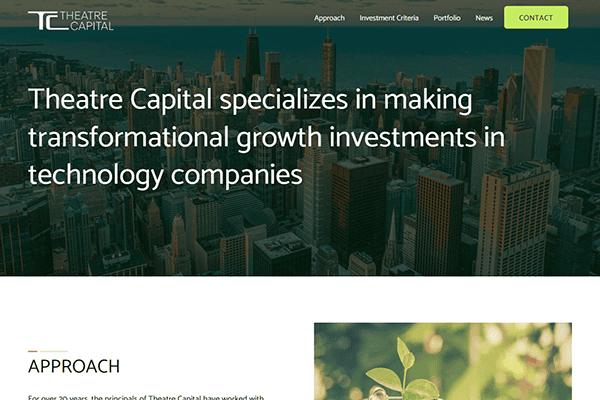 Screenshot of Theatre Capital’s website homepage with a city skyline background, white text stating, Theatre Capital specializes in making transformational growth investments in technology companies, and a green Contact button.