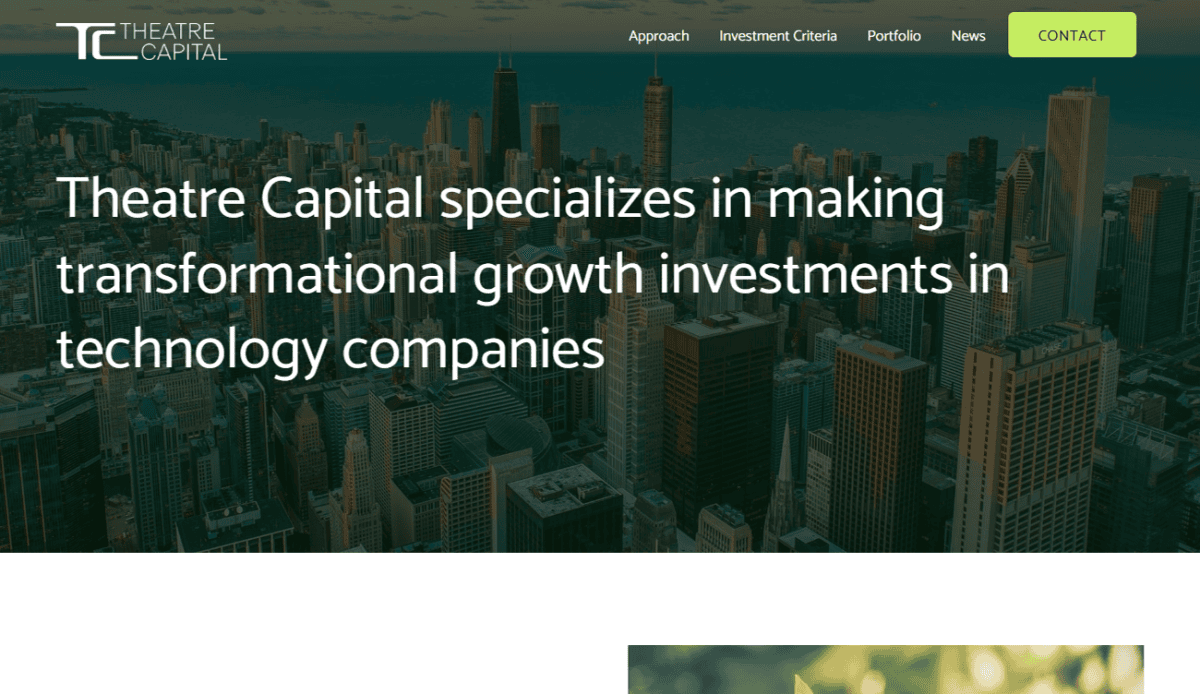 Screenshot of Theatre Capital’s website homepage showing their specialization in technology investments, sector focus, portfolio logos, recent news, and a contact section at the bottom.